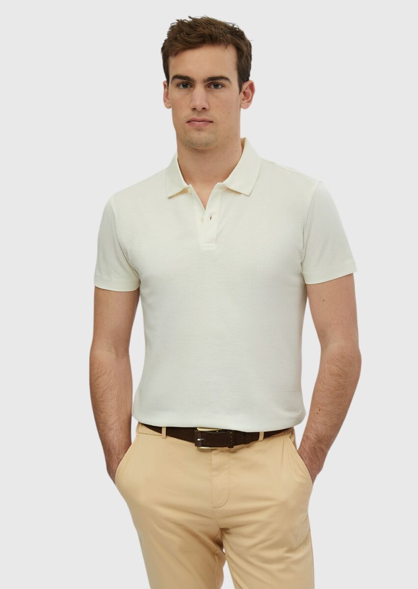 Ecru Plain Polo Neck 100% Cotton T-Shirt - 1