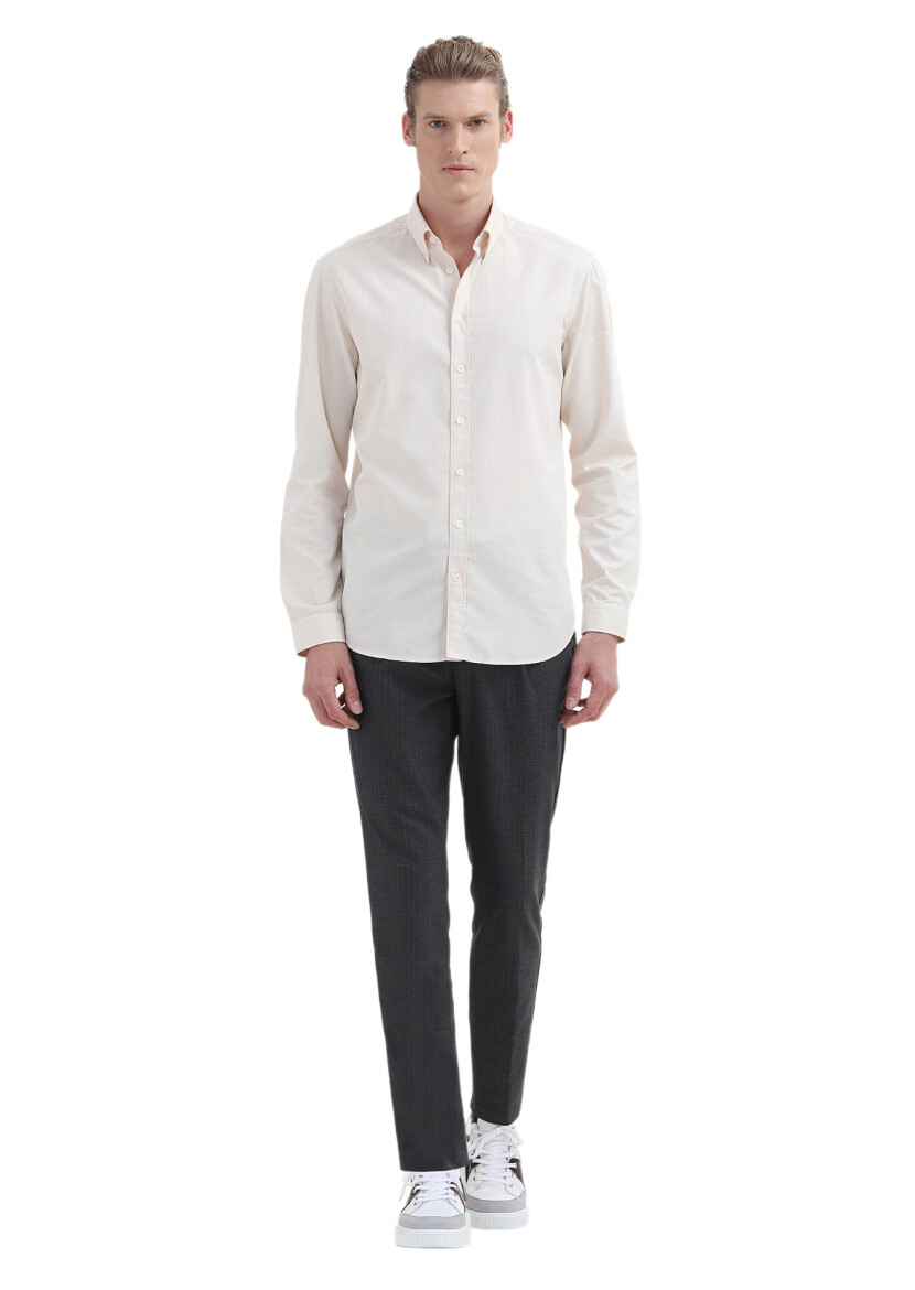 Ecru Plain Regular Fit Weaving Casual 100% Cotton Shirt 
