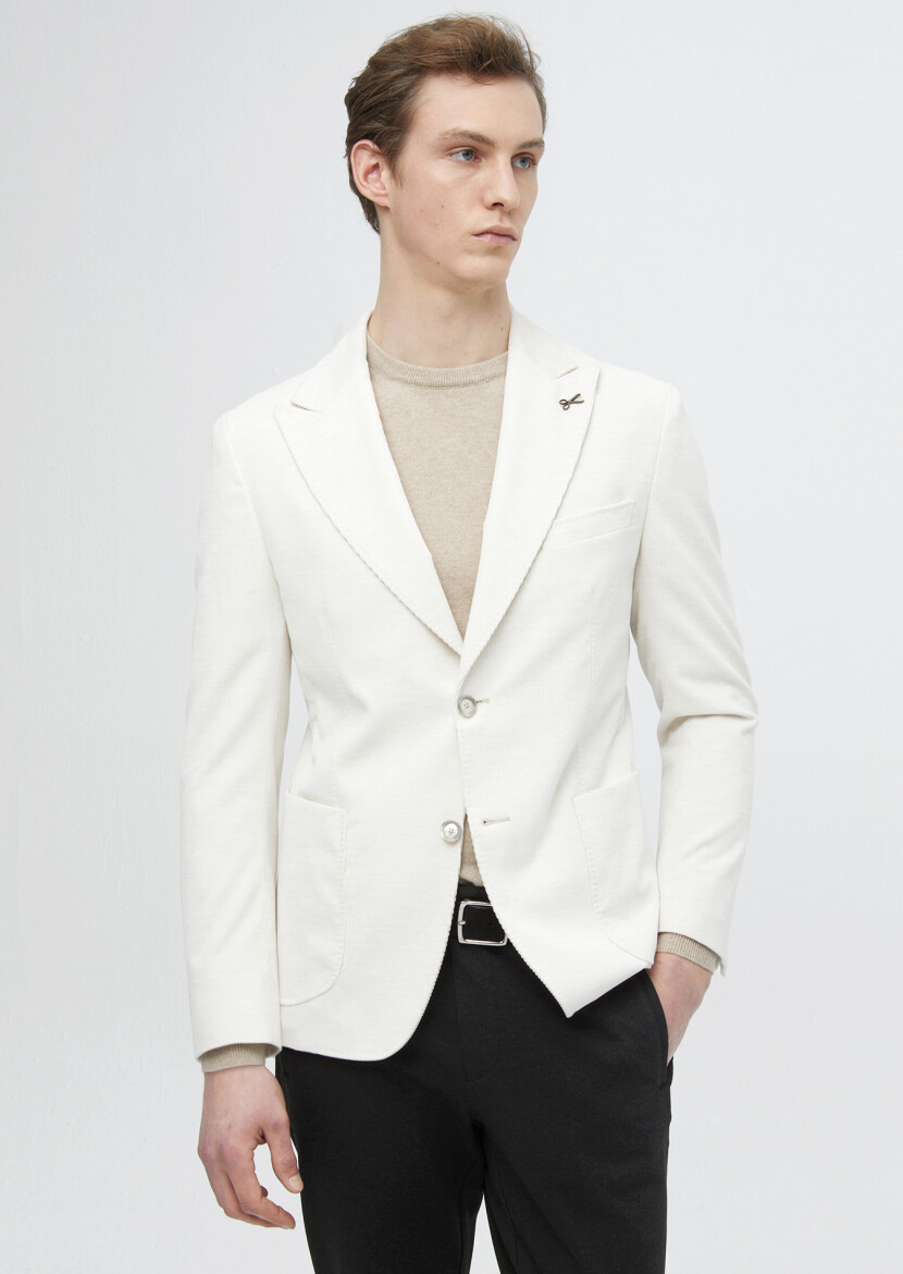 Ecru Ribbed Shirt Shoulder Slim Fit 100% Cotton Jacket - RAMSEY