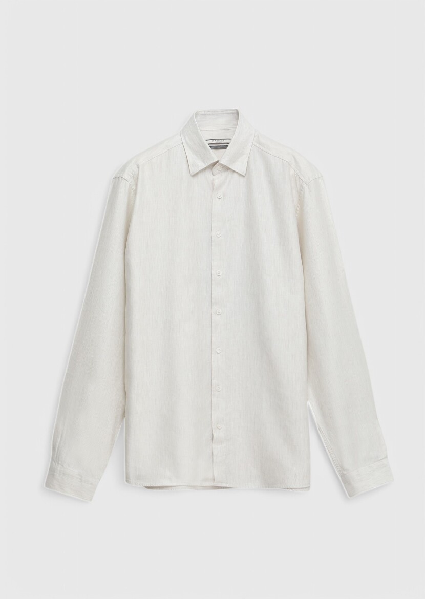 Ecru Striped Casual Fit Weaving Casual Cotton Blended Shirt 