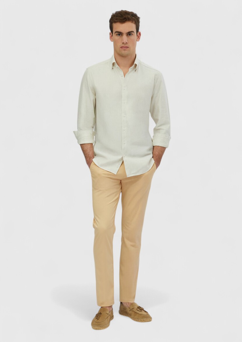 Ecru Striped Casual Fit Weaving Casual Cotton Blended Shirt 