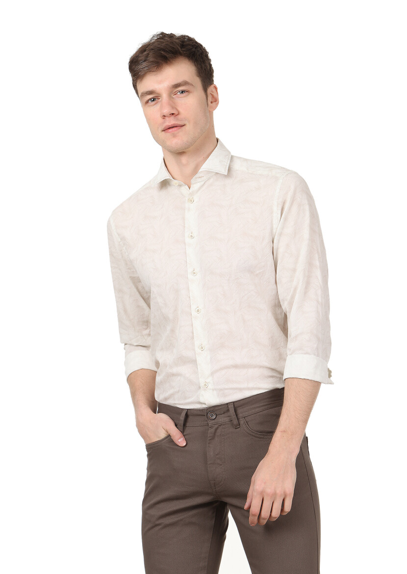 Ekru Baskılı Regular Fit Dokuma Casual %100 Pamuk Gömlek - 1