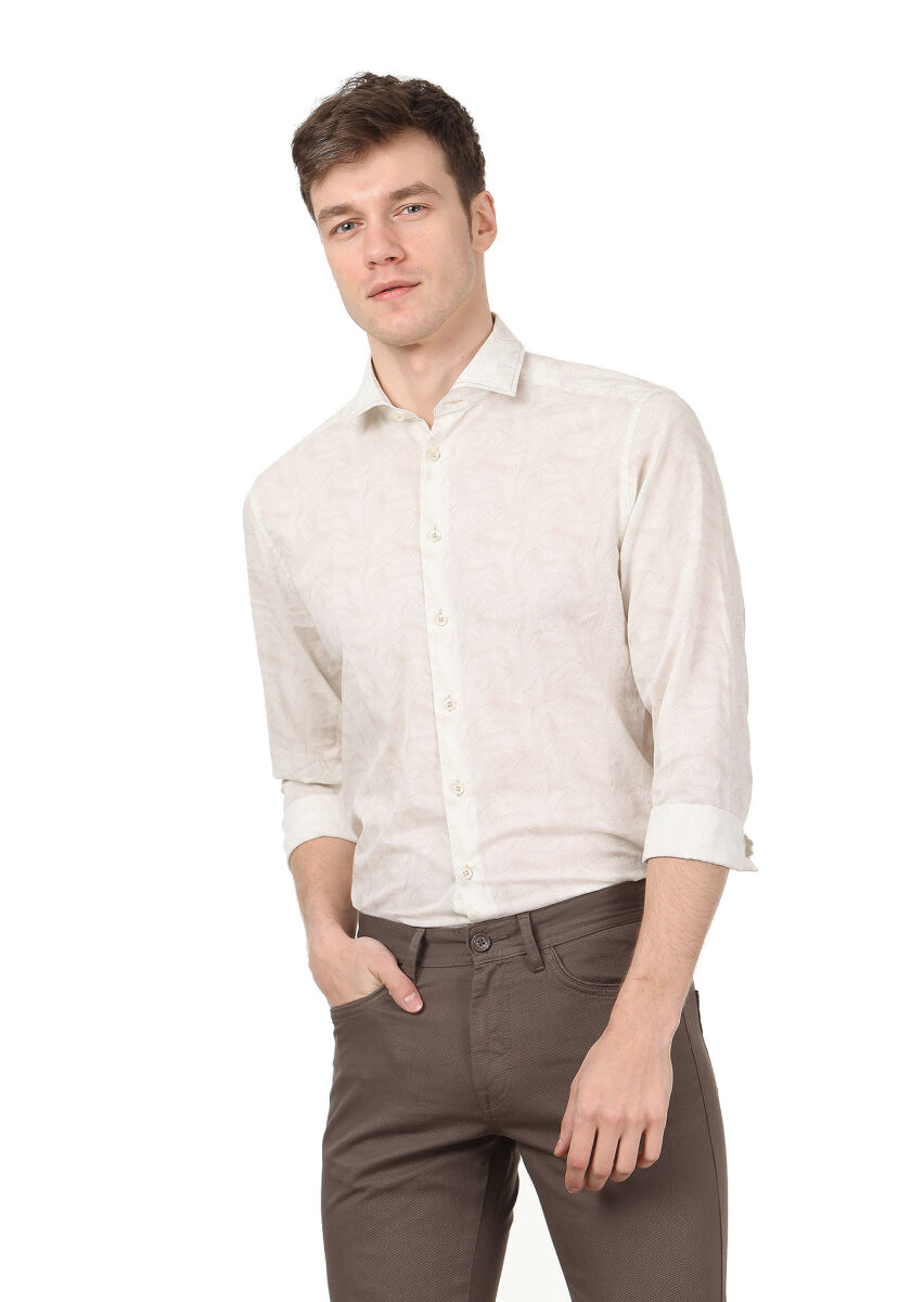 Ekru Baskılı Regular Fit Dokuma Casual %100 Pamuk Gömlek - 1