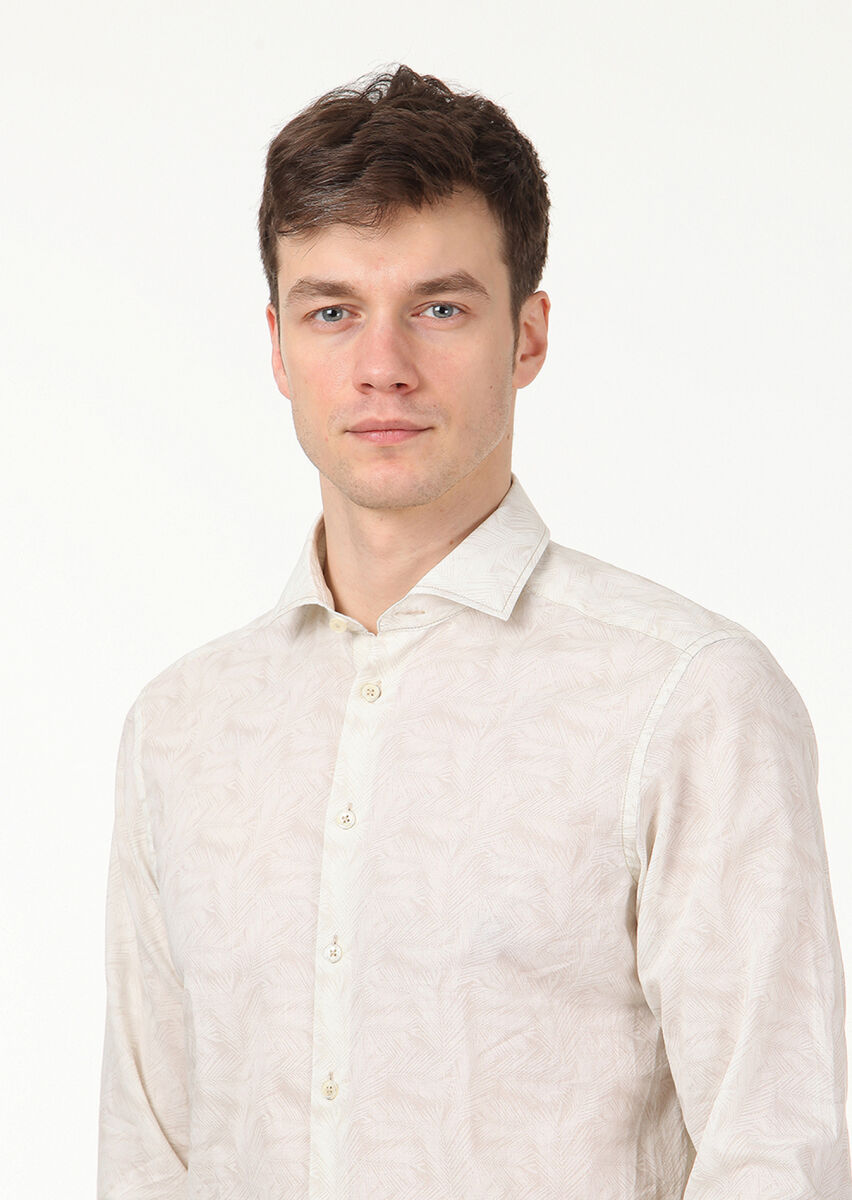 Ekru Baskılı Regular Fit Dokuma Casual %100 Pamuk Gömlek - 3