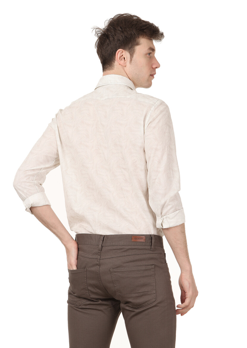 Ekru Baskılı Regular Fit Dokuma Casual %100 Pamuk Gömlek - 4