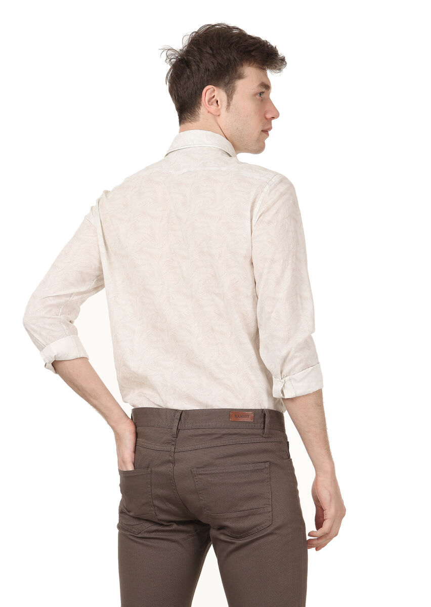 Ekru Baskılı Regular Fit Dokuma Casual %100 Pamuk Gömlek - 4