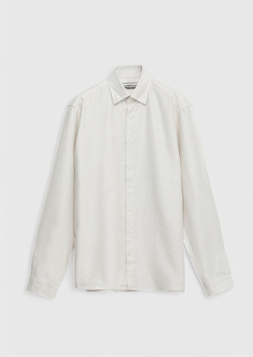Ekru Çizgili Casual Fit Dokuma Casual Pamuk Karışımlı Gömlek - 1