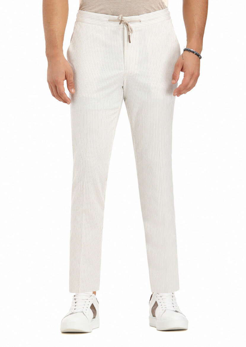 Ekru Çizgili Dokuma Jogging Fit Casual Pamuk Karışımlı Pantolon 