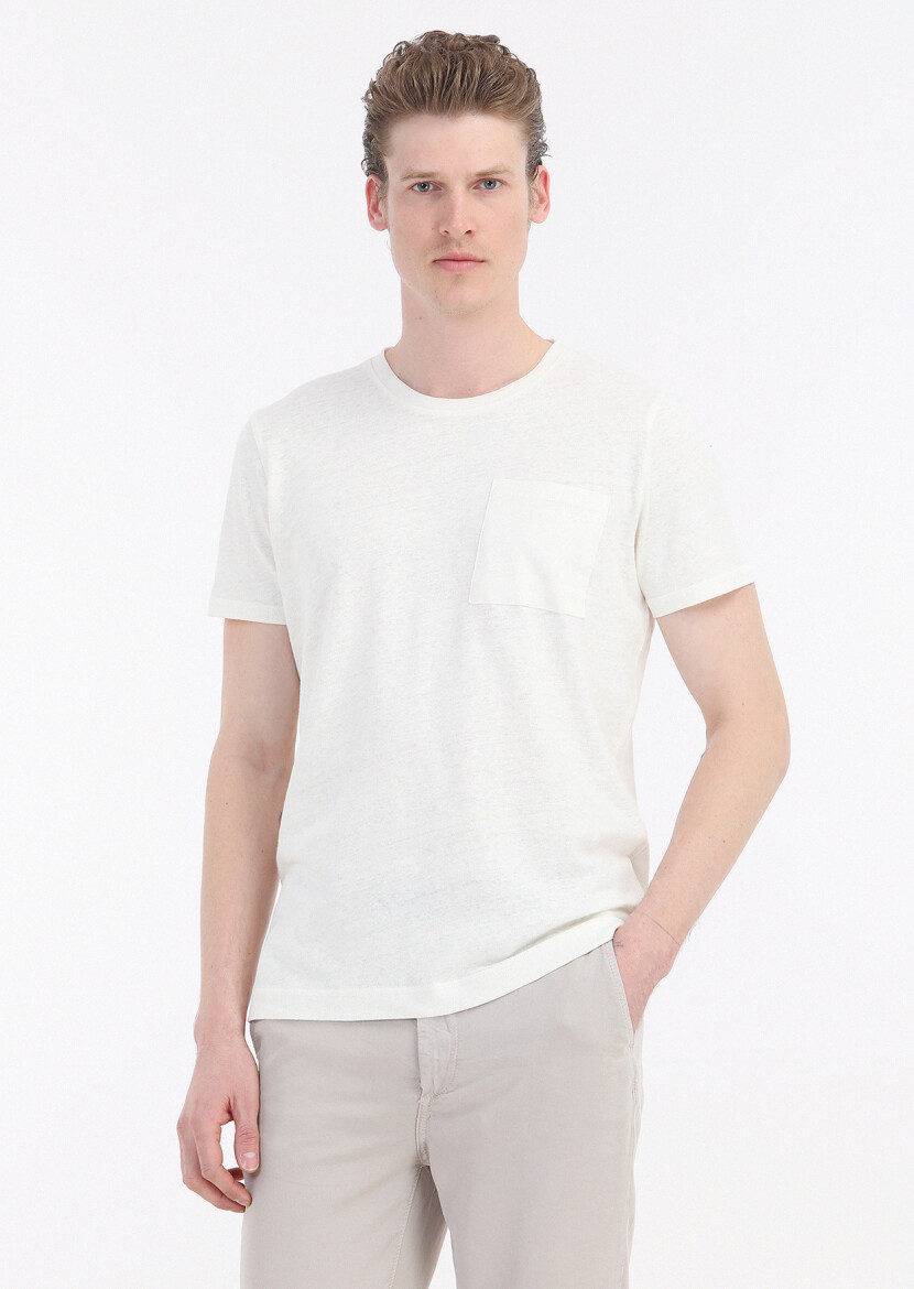 Ekru Düz Bisiklet Yaka %100 Keten T-Shirt 