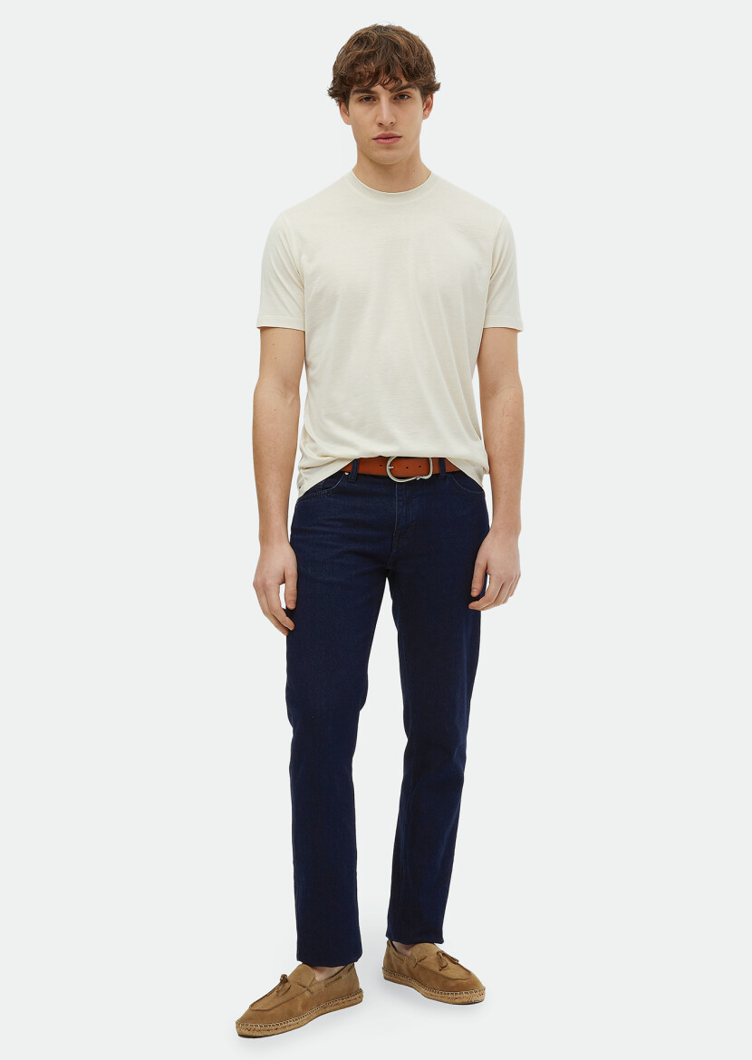 Ekru Düz Bisiklet Yaka İpek Karışımlı T-Shirt 