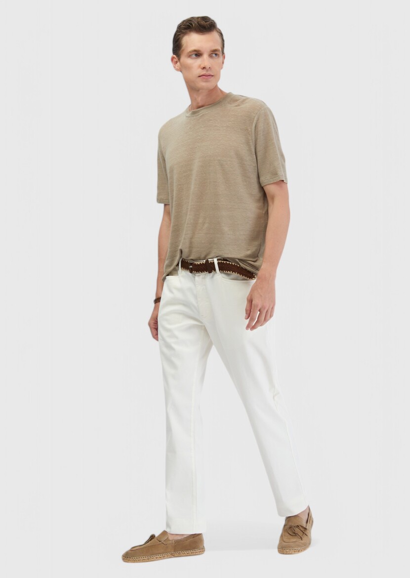 Ekru Düz Dokuma Regular Fit Casual Pamuk Karışımlı Pantolon - 1