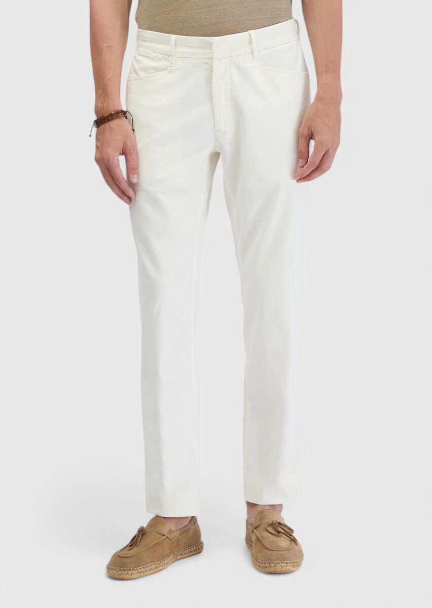 Ekru Düz Dokuma Regular Fit Casual Pamuk Karışımlı Pantolon - 2