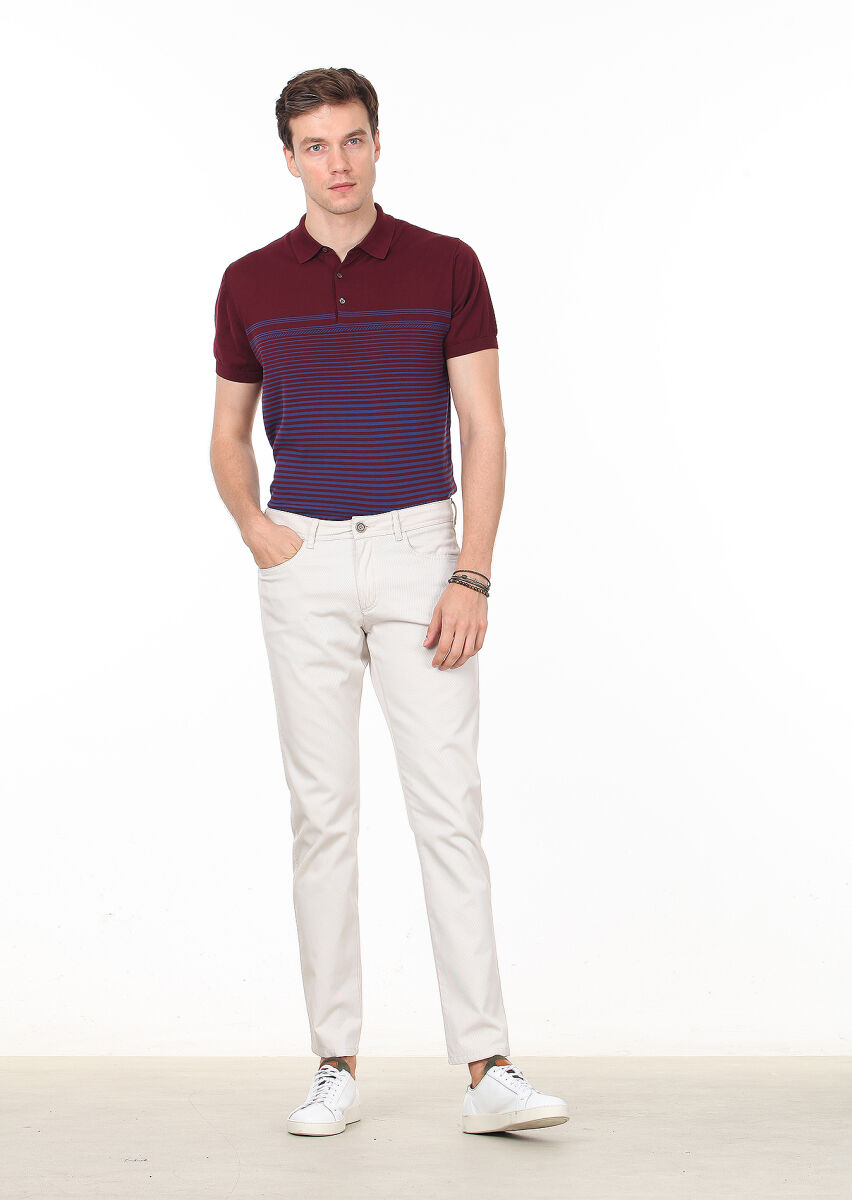 Ekru Düz Dokuma Slim Fit Casual %100 Pamuk Pantolon - 1