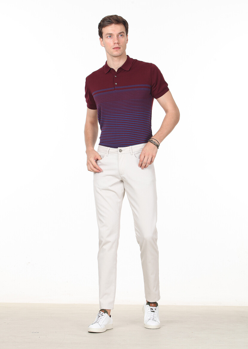 Ekru Düz Dokuma Slim Fit Casual %100 Pamuk Pantolon 