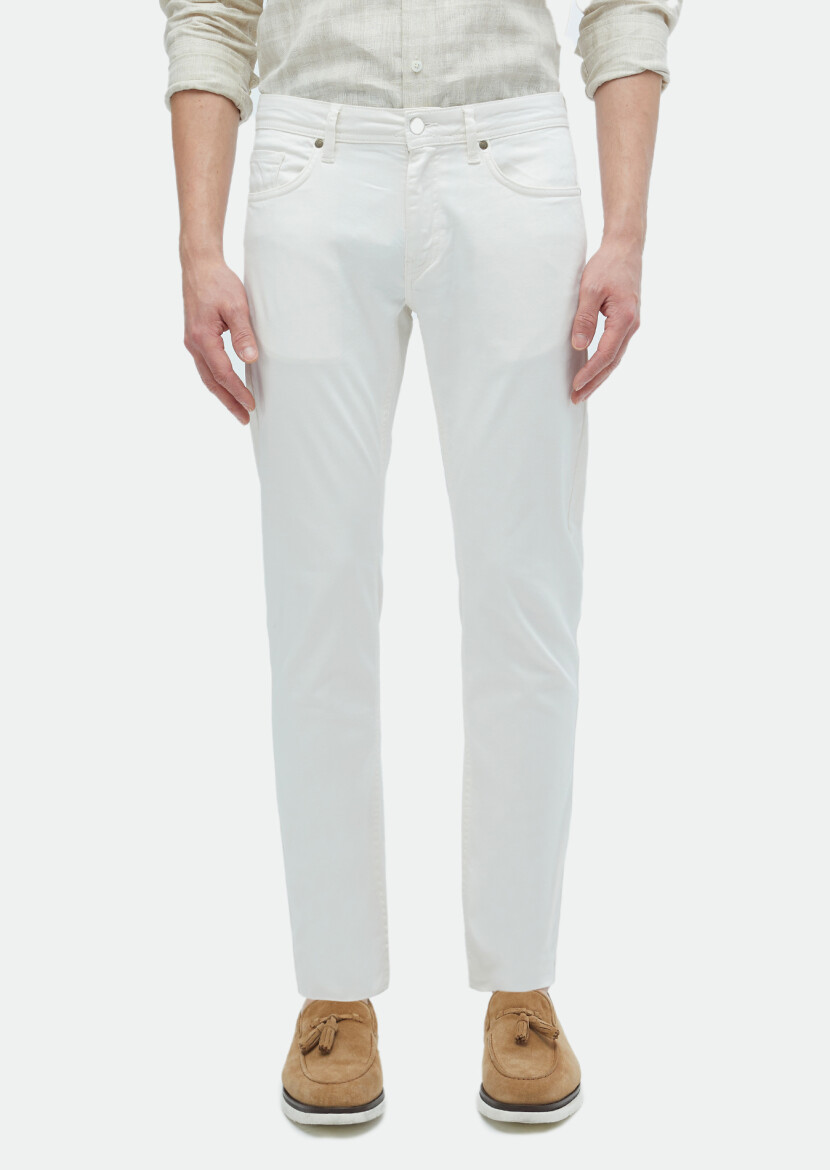 Ekru Düz Dokuma Slim Fit Casual Pamuk Karışımlı Pantolon 