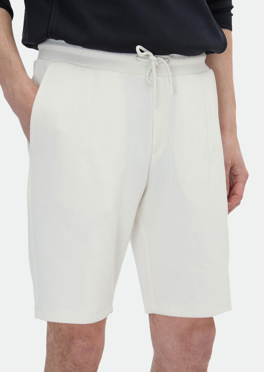 Ekru Düz Örme Jogging Fit Casual Bermuda - 4