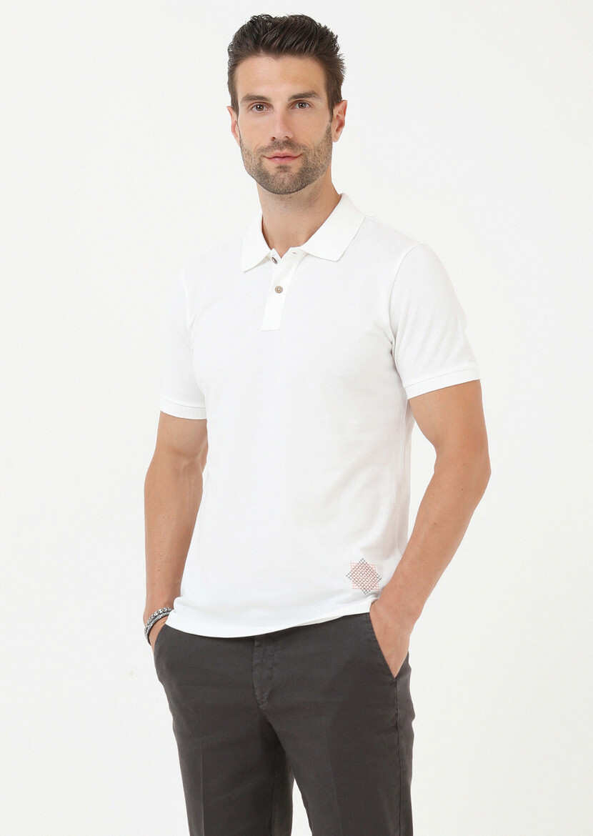 Ekru Düz Polo Yaka %100 Pamuk T-Shirt 