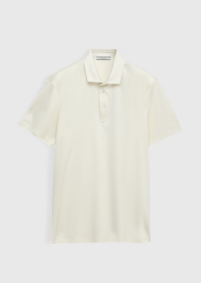 Ekru Düz Polo Yaka %100 Pamuk T-Shirt 