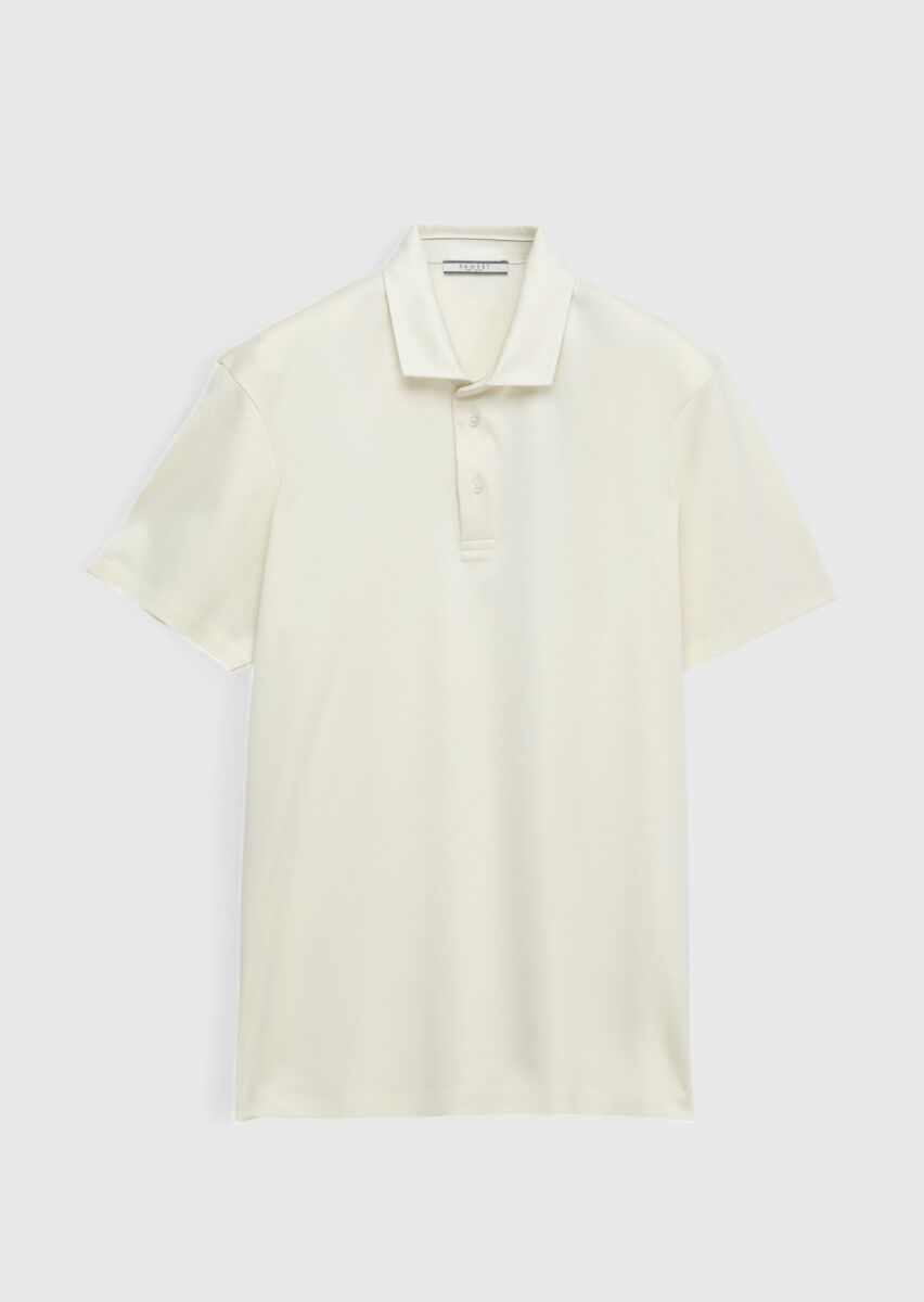 Ekru Düz Polo Yaka %100 Pamuk T-Shirt - 1