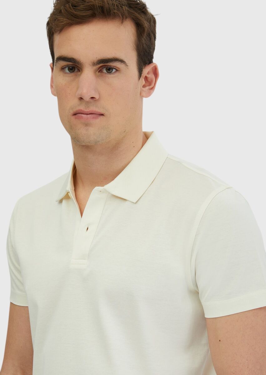 Ekru Düz Polo Yaka %100 Pamuk T-Shirt - 3