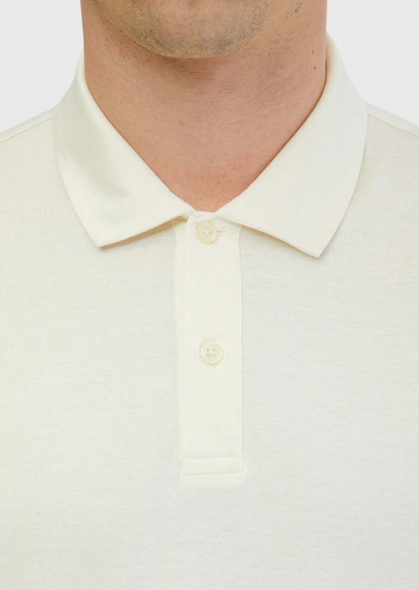 Ekru Düz Polo Yaka %100 Pamuk T-Shirt - 4
