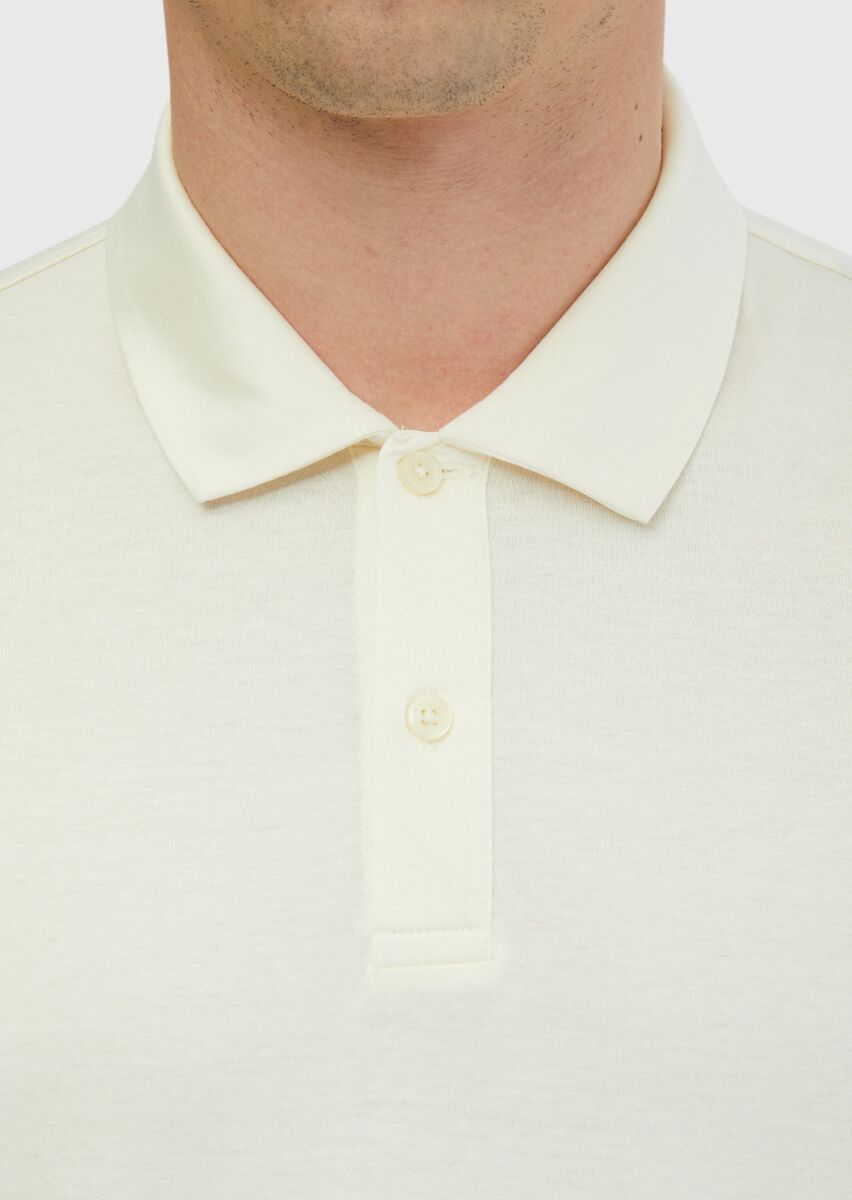 Ekru Düz Polo Yaka %100 Pamuk T-Shirt - 4