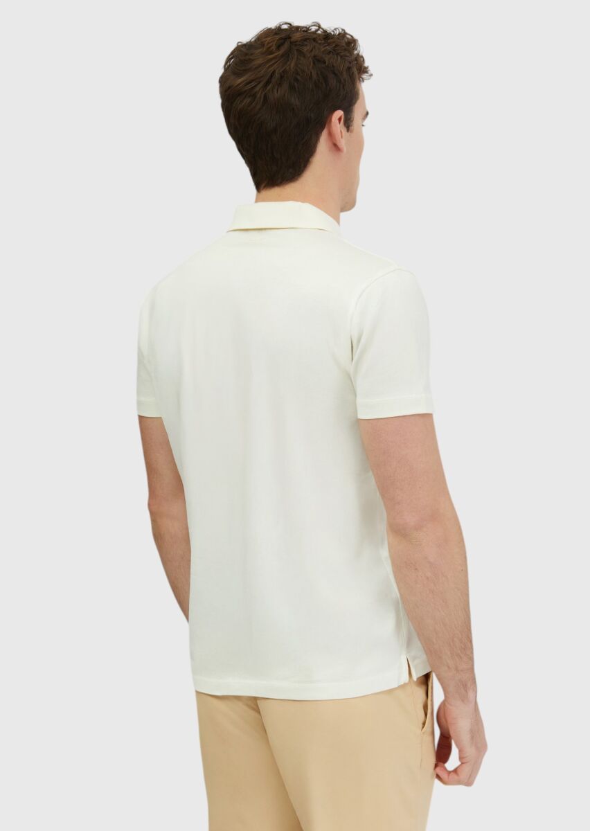 Ekru Düz Polo Yaka %100 Pamuk T-Shirt - 5