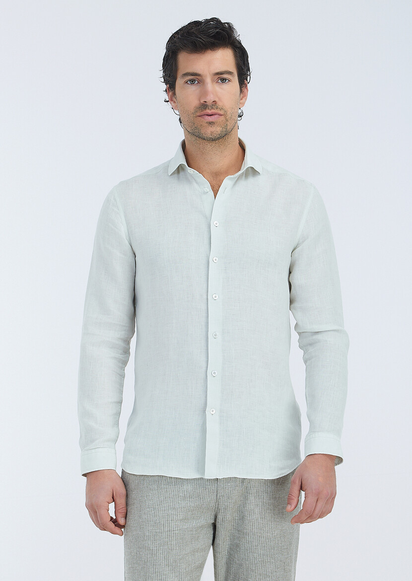 Ekru Düz Regular Fit Dokuma Casual %100 Keten Gömlek 