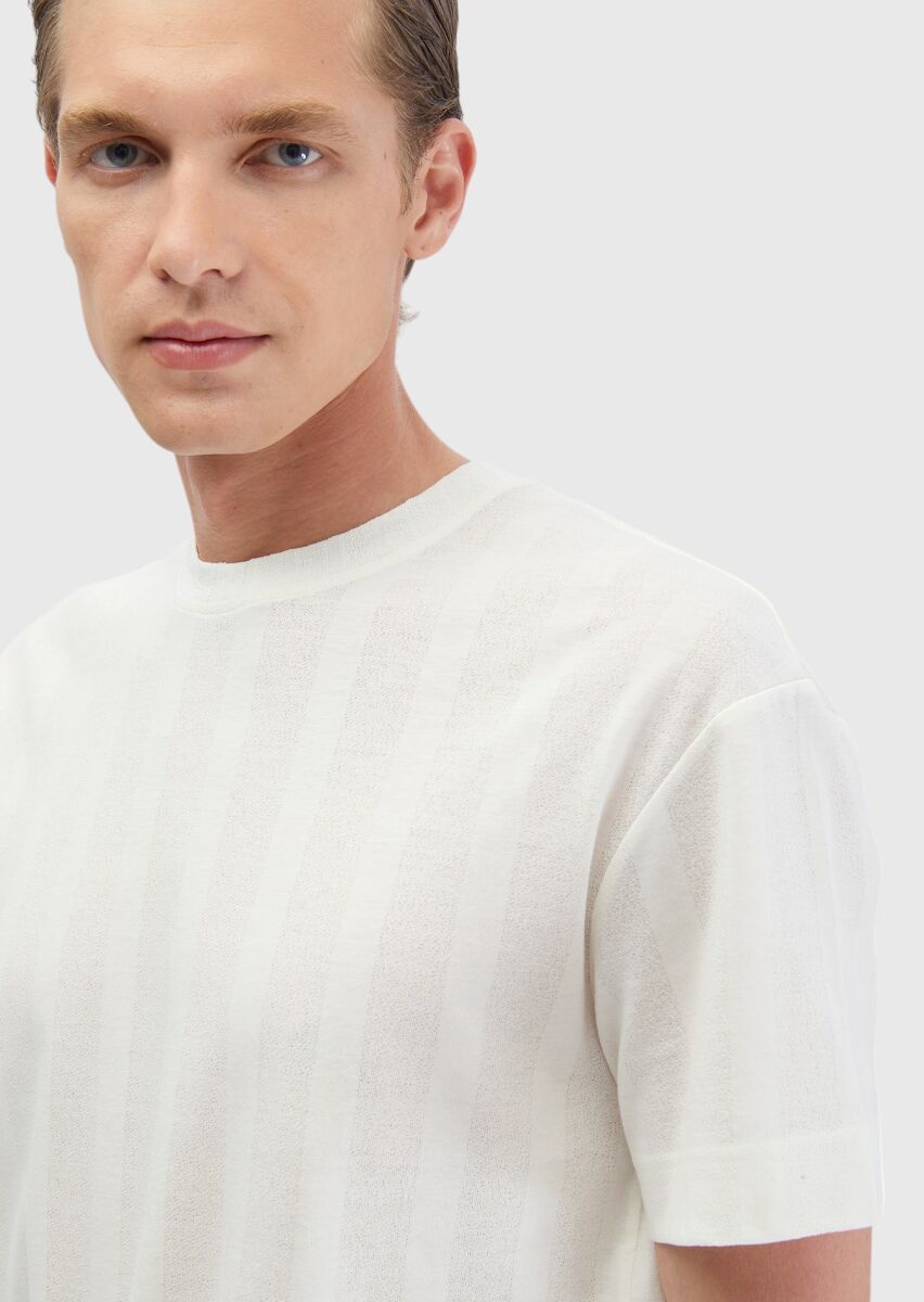 Ekru Jakarlı Bisiklet Yaka %100 Pamuk T-Shirt - 3