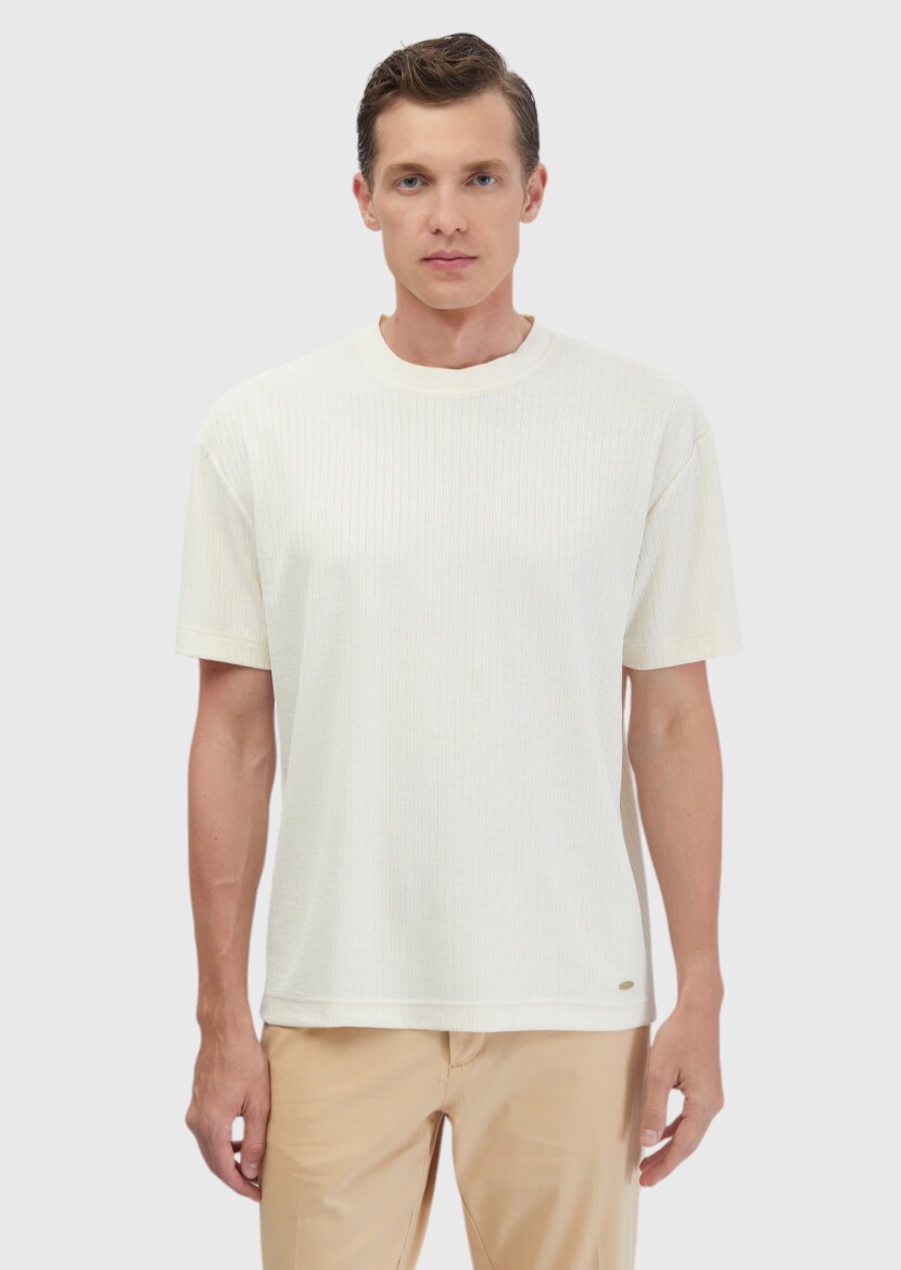 Ekru Jakarlı Bisiklet Yaka T-Shirt - 3