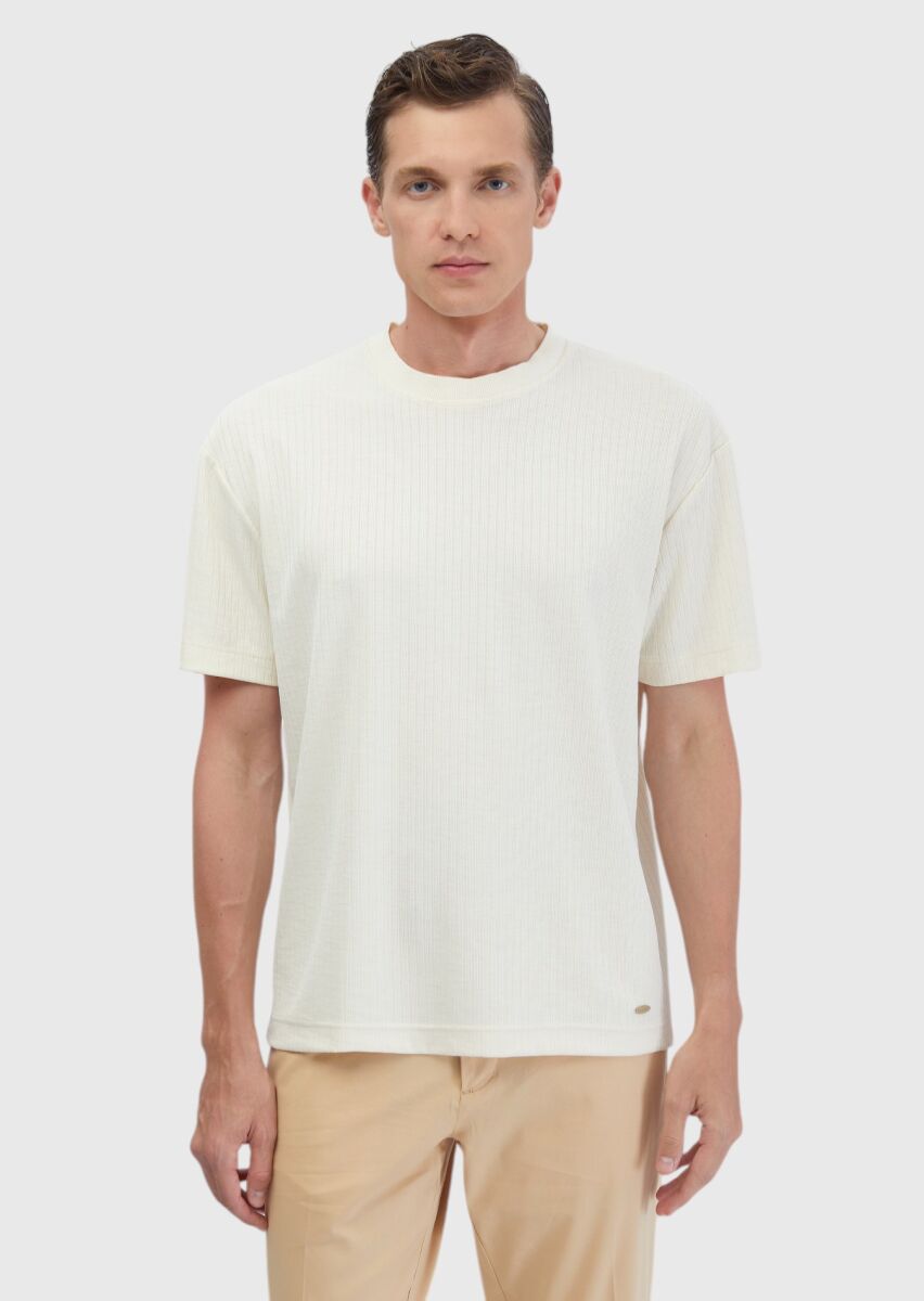 Ekru Jakarlı Bisiklet Yaka T-Shirt - 3