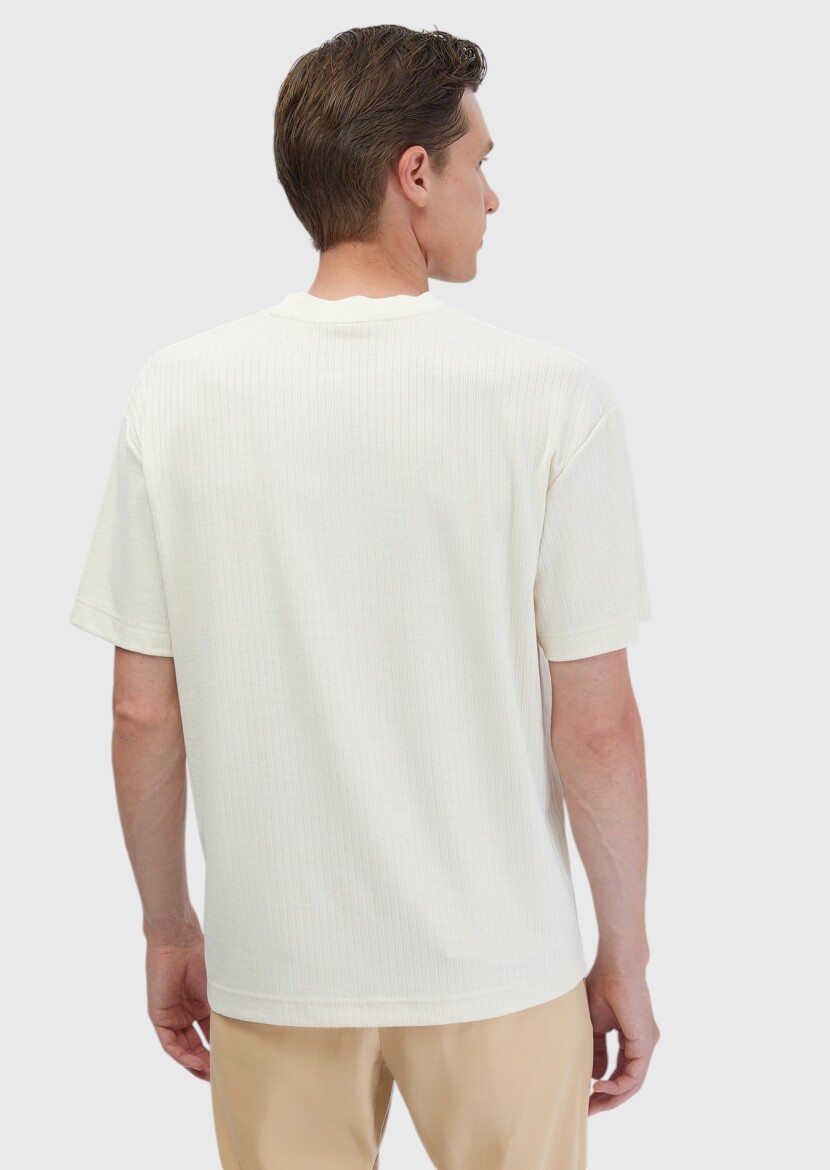 Ekru Jakarlı Bisiklet Yaka T-Shirt - 8