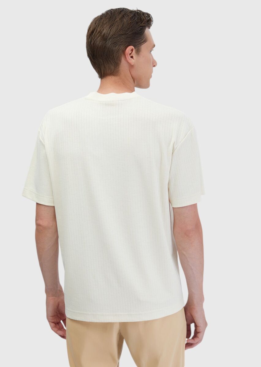 Ekru Jakarlı Bisiklet Yaka T-Shirt - 8