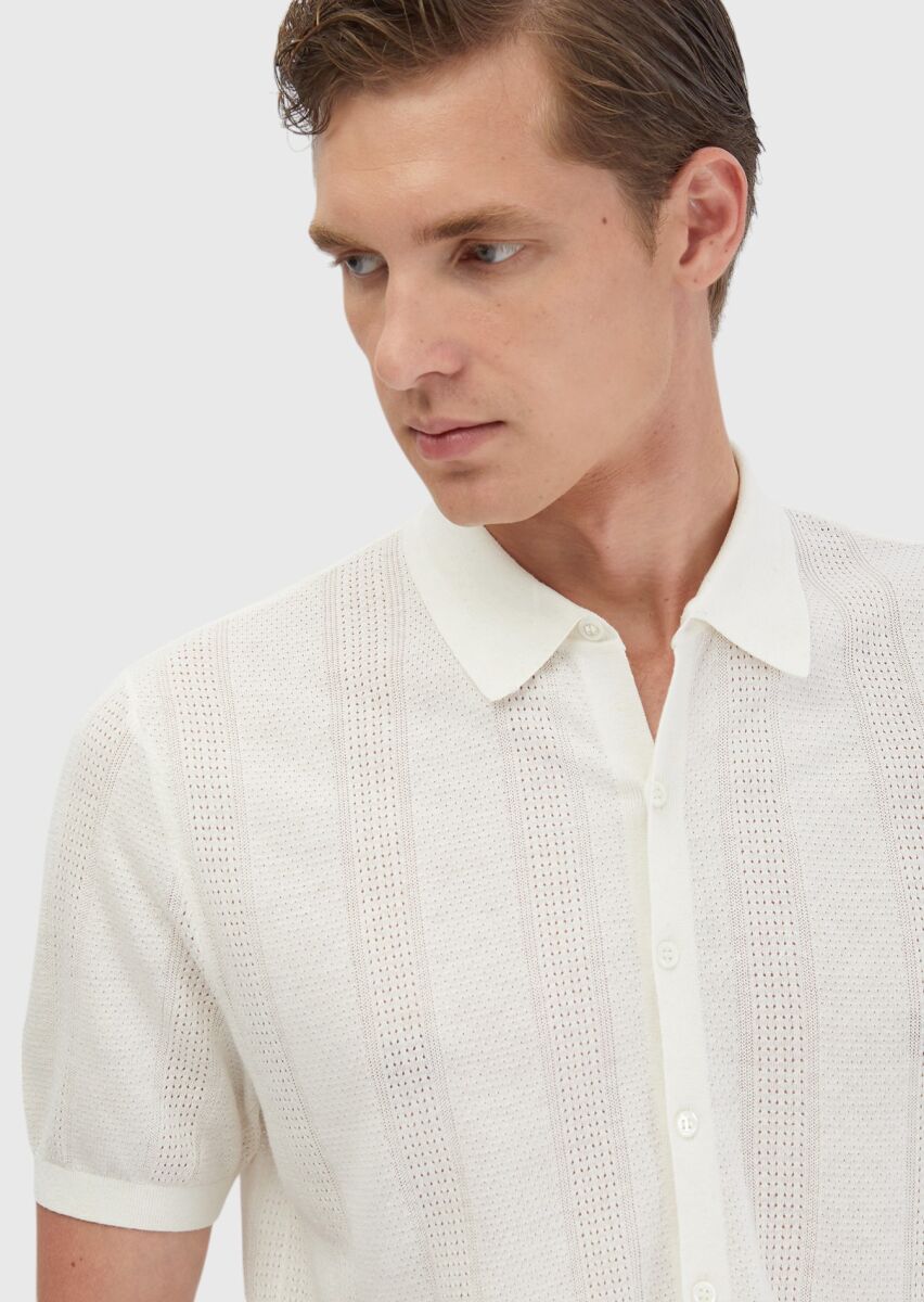 Ekru Polo Yaka Jakarlı Keten Karışımlı Hırka - 3