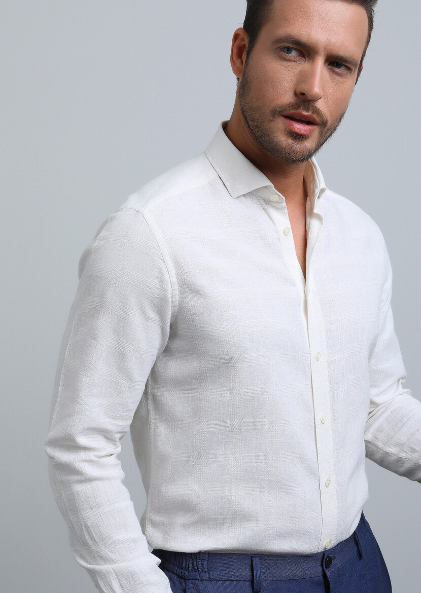 Ekru Regular Fit Dokuma Casual Pamuk Karışımlı Gömlek - 1