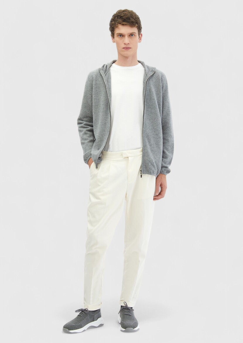Grey Hooded Plain Knitting 100% Wool Cardigan 