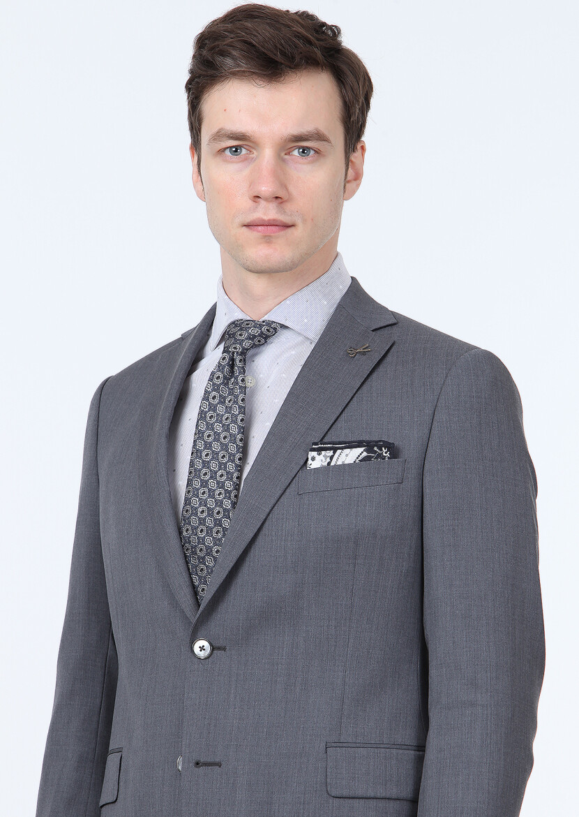 Grey Plain Regular Fit 100% Wool Suit - 2