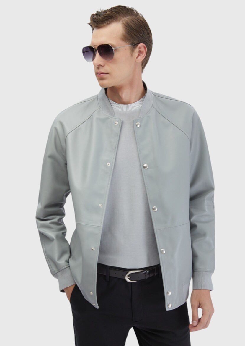 Grey Regular Fit Turtleneck Casual Sheep Leather Leather Coat - RAMSEY