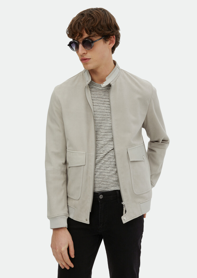 Grey Regular Fit Turtleneck Casual Suede Leather Coat - RAMSEY