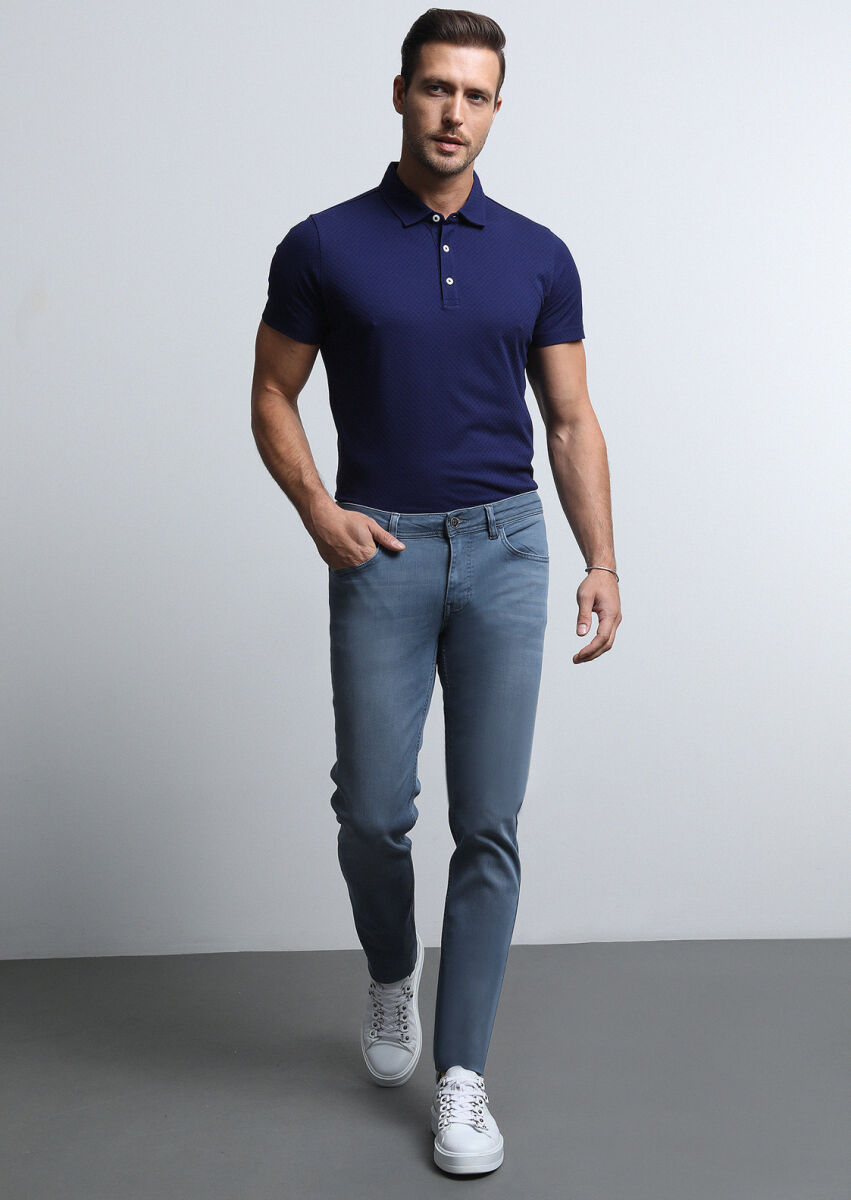 Grey Slim Fit Denim Cotton Blended Trousers - 4