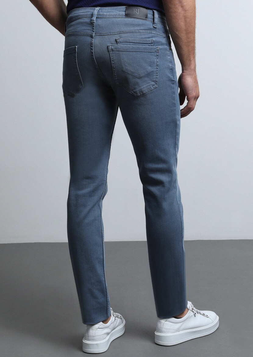 Grey Slim Fit Denim Cotton Blended Trousers - 5