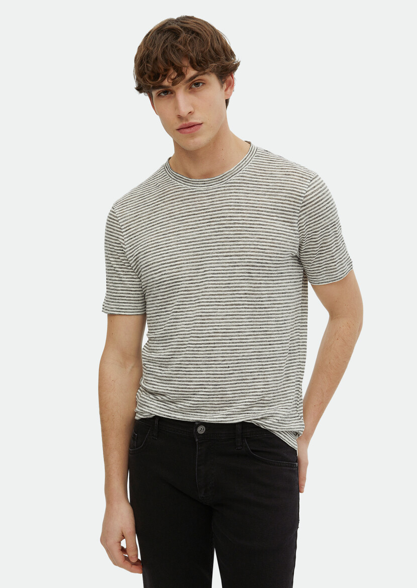Grey Striped Crew Neck 100% Linen T-Shirt - RAMSEY