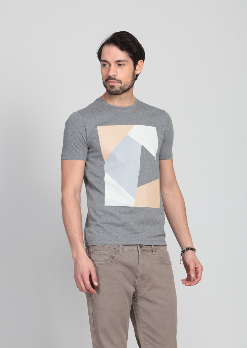 Gri Baskılı %100 Pamuk T-Shirt - 1