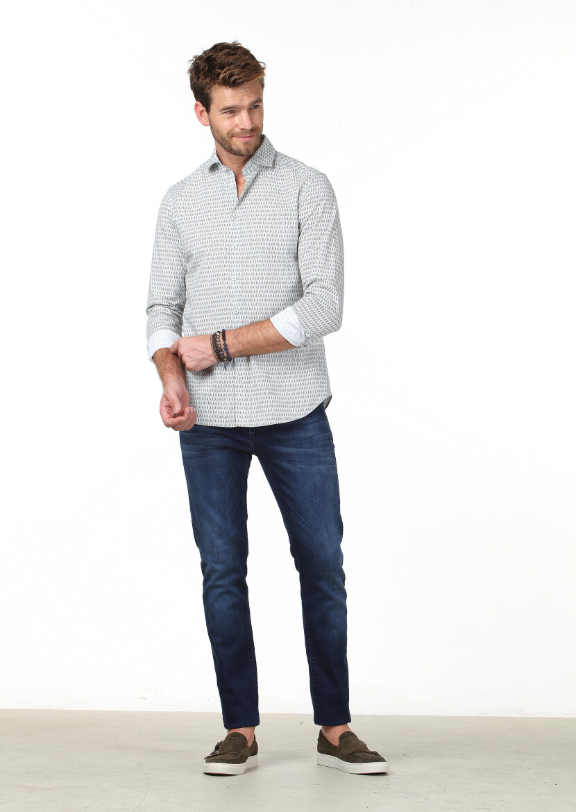 Gri Baskılı Slim Fit Dokuma Casual %100 Pamuk Gömlek 