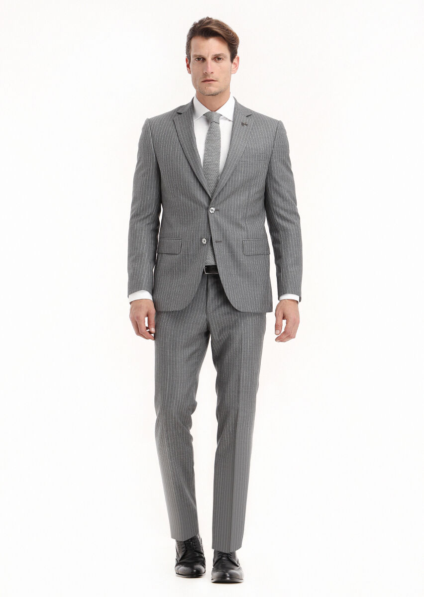 Gri Çizgili Modern Fit %100 Yün Takım Elbise - 1