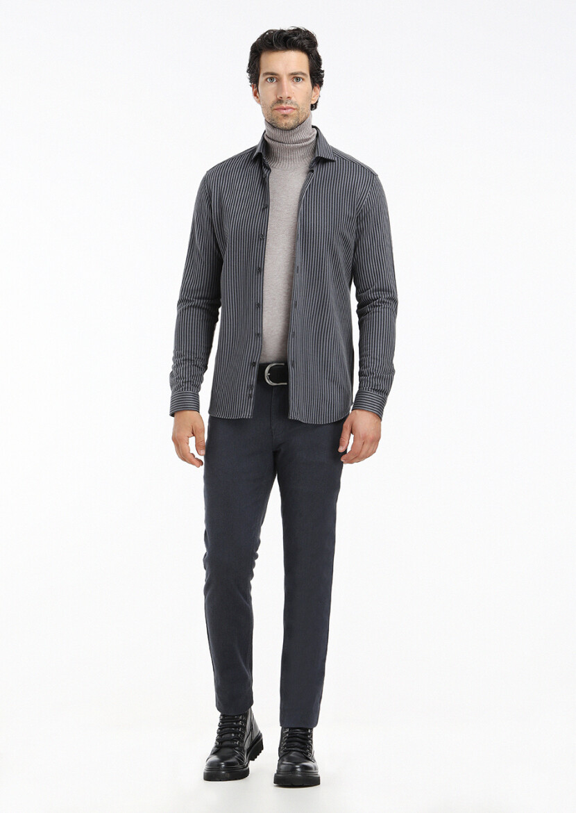 Gri Çizgili Slim Fit Casual %100 Pamuk Gömlek - 1