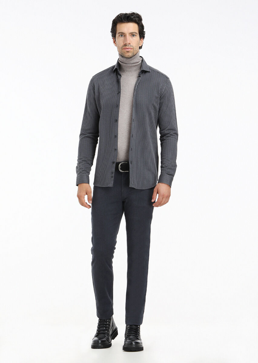 Gri Çizgili Slim Fit Casual %100 Pamuk Gömlek - 1