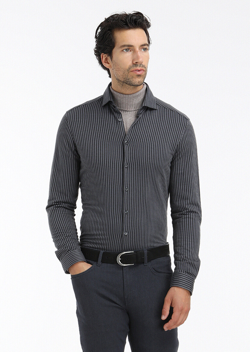 Gri Çizgili Slim Fit Casual %100 Pamuk Gömlek - 2
