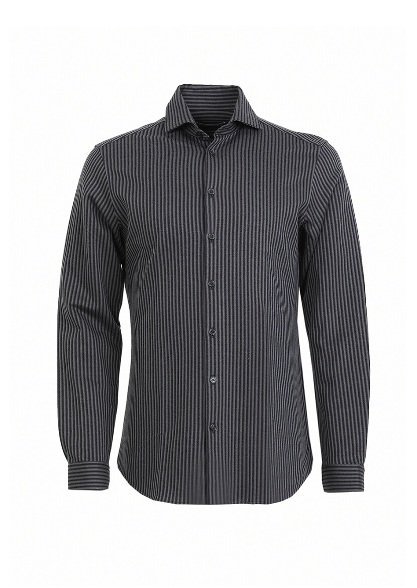 Gri Çizgili Slim Fit Casual %100 Pamuk Gömlek - 5