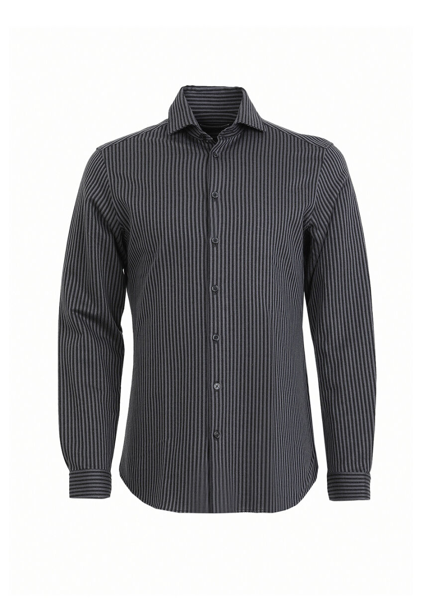 Gri Çizgili Slim Fit Casual %100 Pamuk Gömlek - 5
